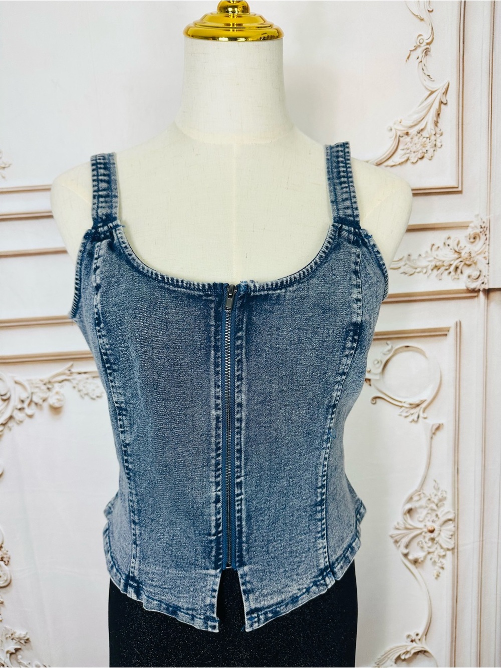 3 for $36 sale! Denim Zip-Front Corset Tank Vest - Blue